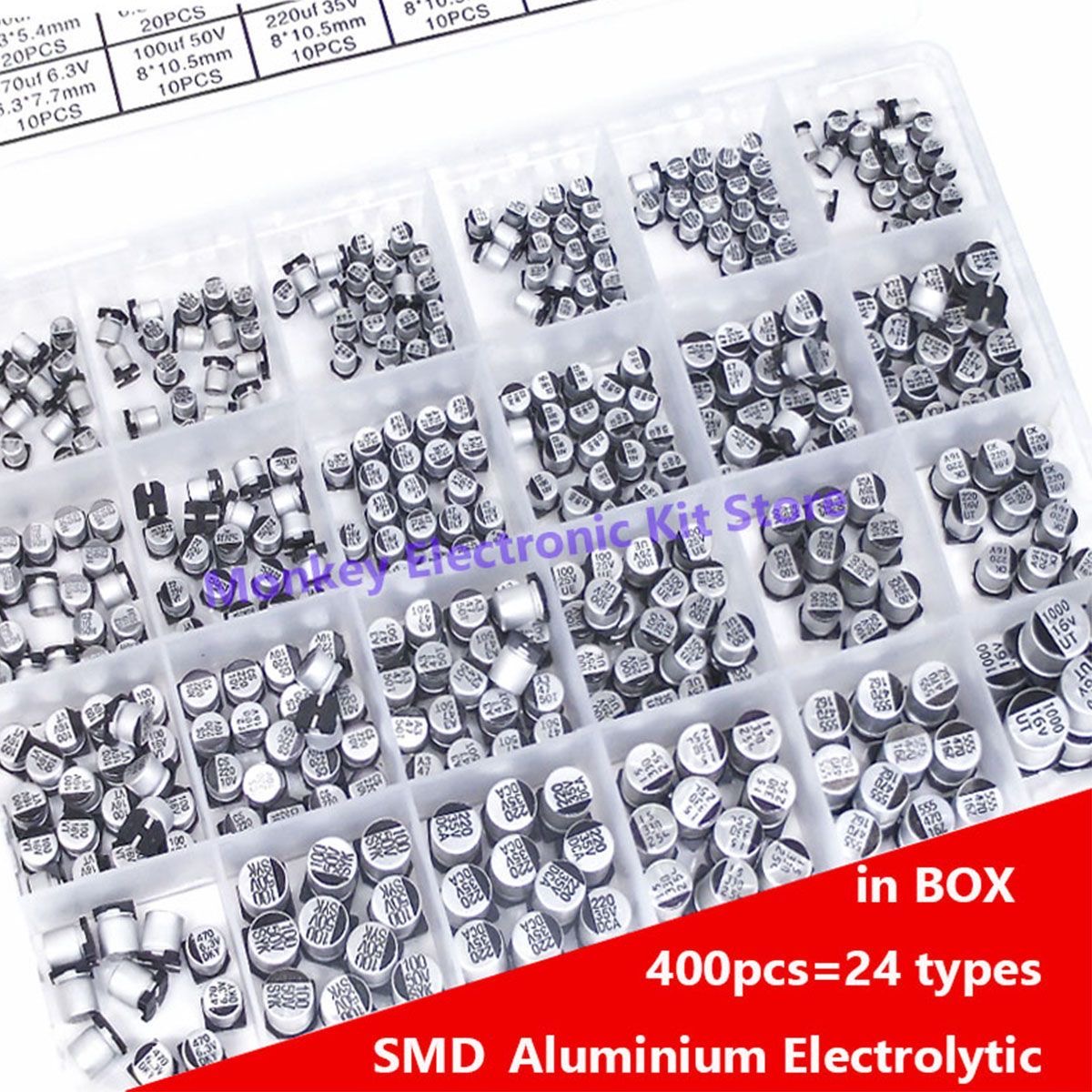 Kit 400 Condensadores Electrolíticos SMD 24 Valores 1uF-1000uF | prologyc.es | repuestos.prologyc.es