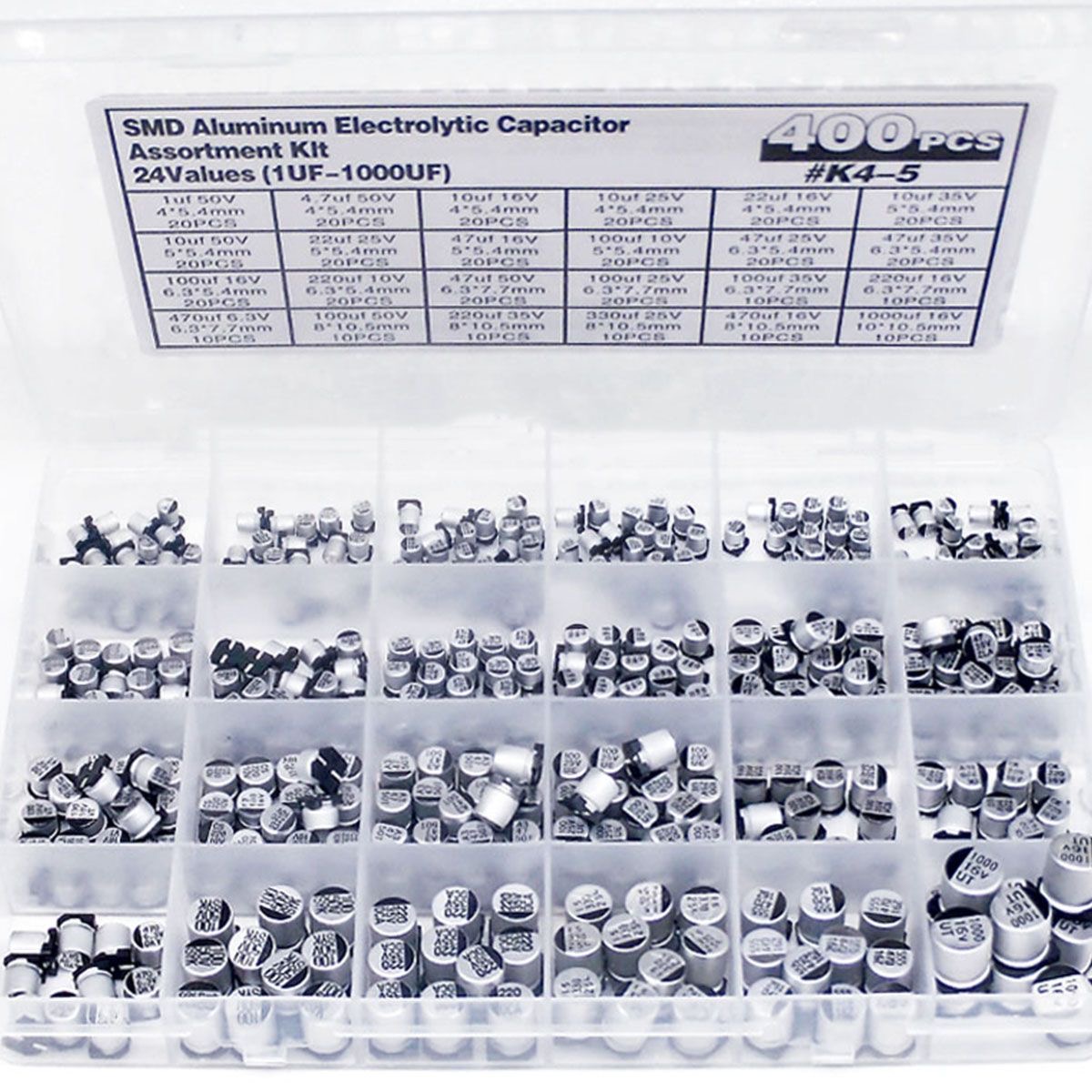 Kit 400 Condensadores Electrolíticos SMD 24 Valores 1uF-1000uF | prologyc.es | repuestos.prologyc.es