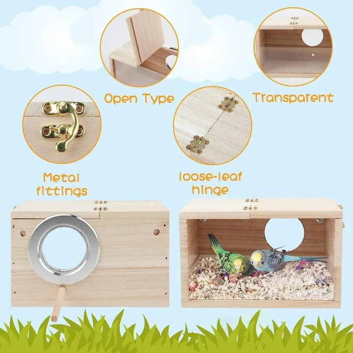 Nido periquitos transparente caja cría aves madera fácil limpieza | prologyc.es