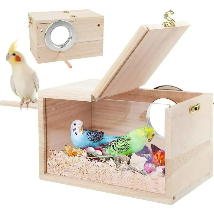 Nido periquitos transparente caja cría aves madera fácil limpieza | prologyc.es