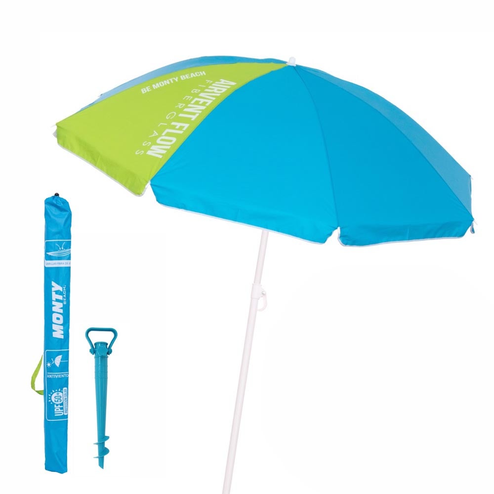Sombrilla de playa UPF+50 antiviento con soporte arena | Prologyc.es